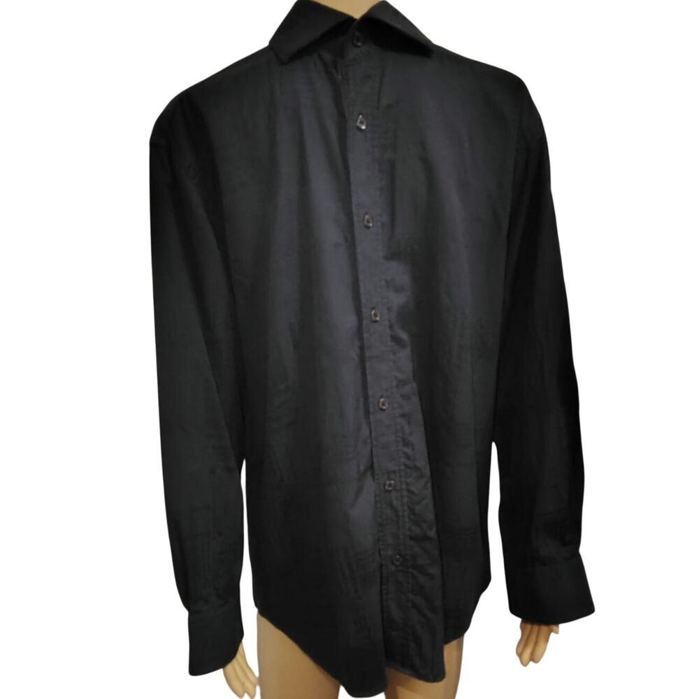Bugatchi Black Button Collar Shirt Tone-on-tone Jacquard Weave Size Small / Med